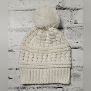 Max Studio Cream Cable Knit Pom Beanie Winter Hat